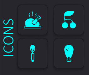 Set Chicken leg, Roasted turkey or chicken, Fresh berries and Spoon icon. Black square button. Vector