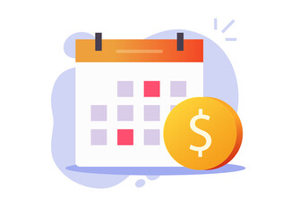 Recurring pay and monthly payment day or loan or money cash payday icon on calendar vector flat cartoon symbol, scheduled annual credit bill, financial subscription agenda - obrazy, fototapety, plakaty