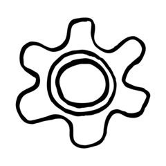 Simple outline hand-drawn gear icon. Black and white vector doodle of a cogwheel