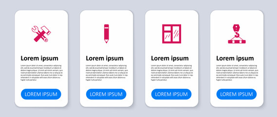 Set Crane hook, Window in room, Pencil with eraser and Hammer and wrench spanner. Business infographic template. Vector