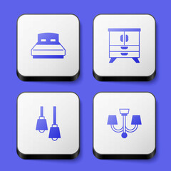 Set Big bed, Chest of drawers, Lamp hanging and Chandelier icon. White square button. Vector