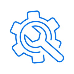 Simple outline blue icon of an adjustable wrench inside a gearwheel. Colored vector modern minimal sign