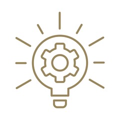 Simple outline light brown cogwheel icon inside glowing light bulb. Colored vector modern minimal sign