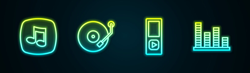 Set line Music note, tone, Vinyl player, and equalizer. Glowing neon icon. Vector