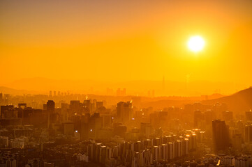 City scape night view of Seoul,Korea at sunrise time from the top of mountain