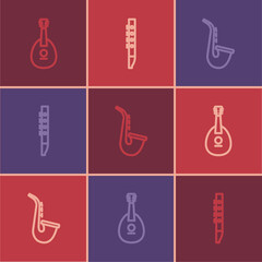 Set line Mandolin, Saxophone and Flute icon. Vector