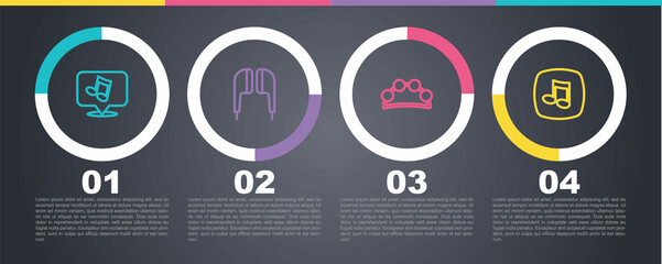 Set line Music note, tone, Air headphones, Tambourine and . Business infographic template. Vector