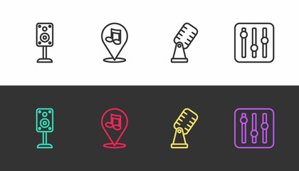 Set line Stereo speaker, Location musical note, Microphone and Sound mixer controller on black and white. Vector