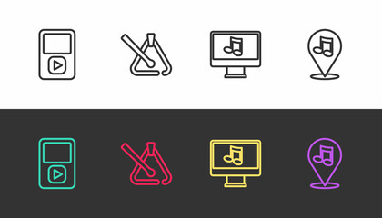 Set line Music player, Triangle musical instrument, Computer with note and Location on black and white. Vector