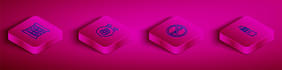 Set Isometric line Cigar, Tobacco leaf shop, No smoking and Vape mod device icon. Vector