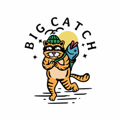 orange cat illustration stealing big fish