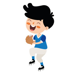Cartoon Illustration Of A Kid Playing Baseball