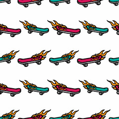 seamless pattern burning skateboard