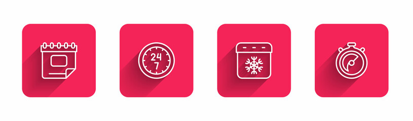 Set line Calendar, Clock 24 hours, winter and Stopwatch with long shadow. Red square button. Vector