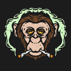 vintage illustration of a smoking chimpanzee with a drunk expression