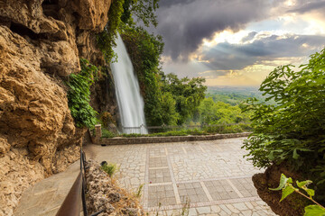 Gorgeous view of observation deck in front of famous Edessa waterfall. Beautiful backgrounds of nature. Greece.