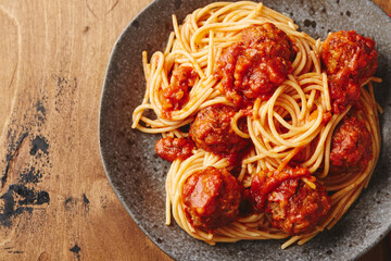 Spaghetti pasta with meatballs and tomato sauce. Delicious homemade spaghetti meatballs