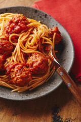 Spaghetti pasta with meatballs and tomato sauce. Delicious homemade spaghetti meatballs