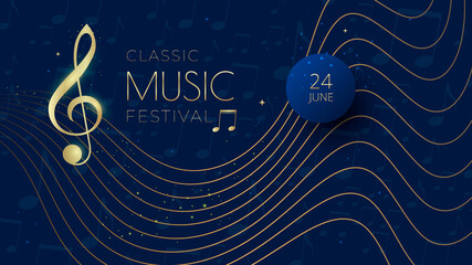 Music festival background with notes and treble clef. Gold and blue elegant musical poster. - obrazy, fototapety, plakaty