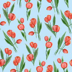 Obraz premium Red tulips with green leaves on a light blue background. Botanical seamless pattern. Watercolor illustration. Spring flowers. For textiles, postcards, packaging.
