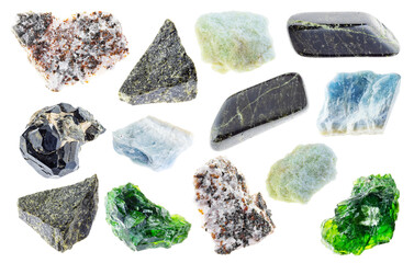 set of various diopside stones cutout on white