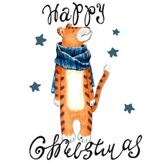 watercolor illustration striped tiger in a blue scarf on white background,for card and postcard,invitation