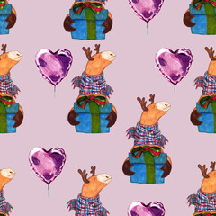 watercolor illustration seamless pattern moose with a blue box in a warm scarf,balloon-heart,for wallpaper,fabric