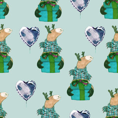 watercolor illustration seamless pattern moose with a blue box in a warm scarf,balloon-heart,for wallpaper,fabric