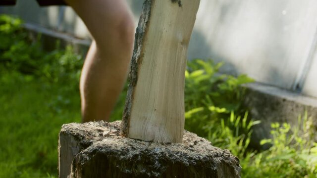 Slow motion wood chopping with an axe.
