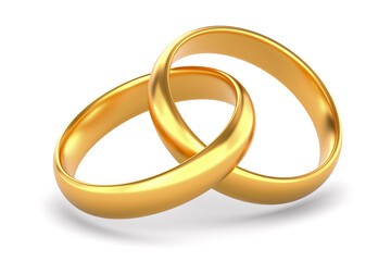 two golden wedding rings on white background. Isolated 3D illustration