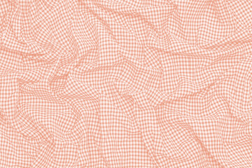 Close up of crumpled  toned in Calming Coral plaid fabric background. Texture, textile concept.