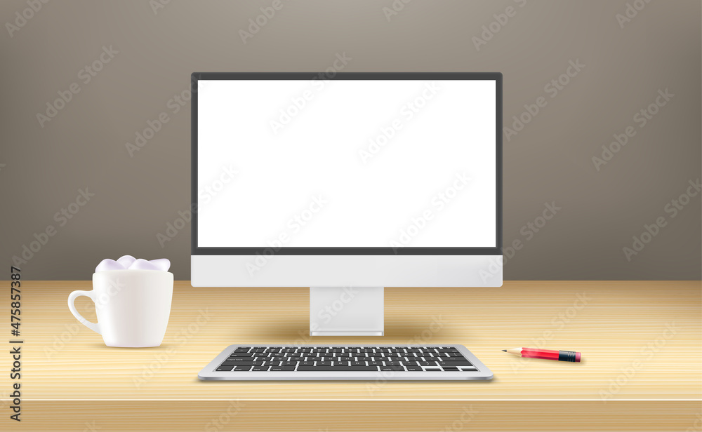 Poster modern computer with blank screen on a wood table. 3d vector mockup