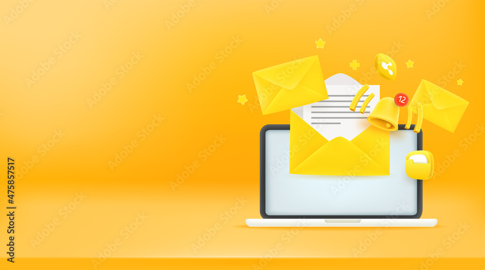 Fototapete Sending and receiving messages via modern notebook. 3d vector banner with copy space