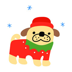Pug wearing winter outfit for Christmas holidays. Vector hand drawn illustration.