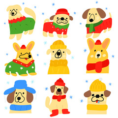 Collection of cute dogs wearing winter warm clothes. Hand drawn vector icon illustrations on white background. 