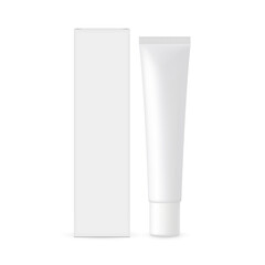 Plastic Cosmetic Tube with Paper Box Mockup, Front View, Isolated on White Background. Vector Illustration