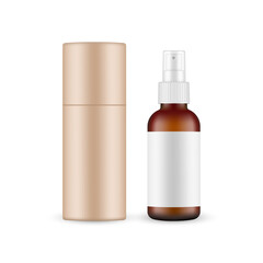 Amber Spray Bottle Mockup with Kraft Paper Tube, Isolated on White Background. Vector Illustration