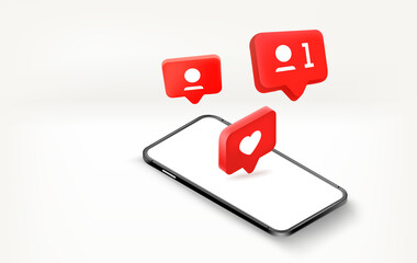 Receiving notifications on modern mobile phone. 3d vector banner with copy space