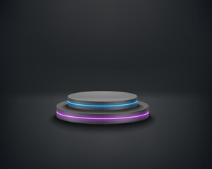 Black room with christmas elements and neon glowing podium. 3d vector illustration