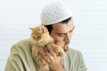 Handsome muslim man holding lovely brown cut furry kitten in own hand looking attention their...