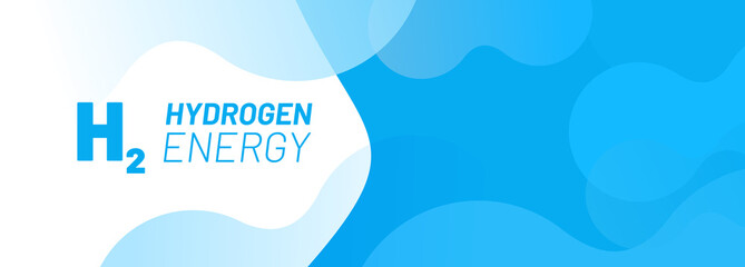 Abstract blue background for website banner in bright blue with white space for text. Floating round elements and molecules with text H2 and Hydrogen Energy. Template for website, mailing or print.