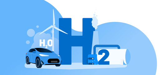 Hydrogen car vector illustration concept. Alternative energy source. Wind turbine, car, fuel tank and big text H2. Template for website banner, advertising campaign or news article.
