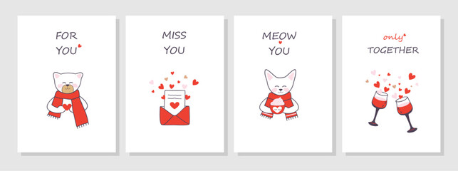 Fototapeta na wymiar Valentine's day postcards set. Romantic text and animals. Cute cat, bear, glasses of wine, and love letter. Illustration. 