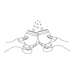 Two female hands cheering with glasses of wine drawn by one line. People sketch. Continuous line drawing romantic moment. Minimalism. Simple vector illustration.