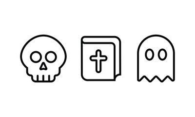 set of icon collection related to halloween event. a skull, book, and ghost. the editable stroke line for web icon interface or any design element. a pictogram set in a minimal outline style.