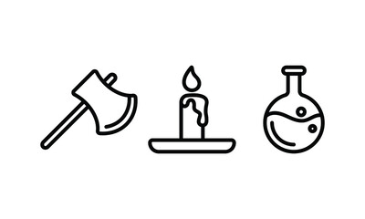 set of icon collection related to halloween event. an axe, candle, and potion. the editable stroke line for web icon interface or any design element. a pictogram set in a minimal outline style.