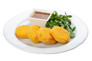 Fried suluguni with honey mustard sauce. Isolated on a white background.