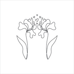 Love concept drawn by one line. Two abstract flowers, hearts. Isolated. Romantic sketch. For valentine, vedding, coloring book. Simple vector illustration.