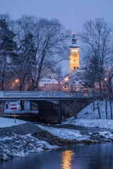 Winter evening in historical city Ceske Budejovice in the Czech Republic