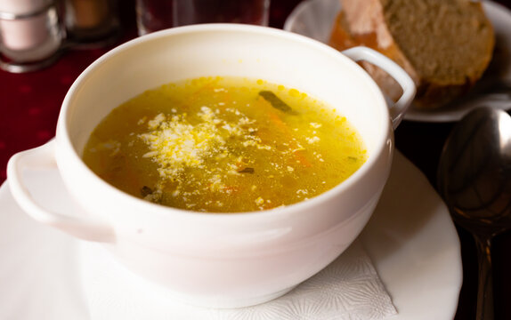 Soviet soup with pickles and barley. Leningrad rassolnik